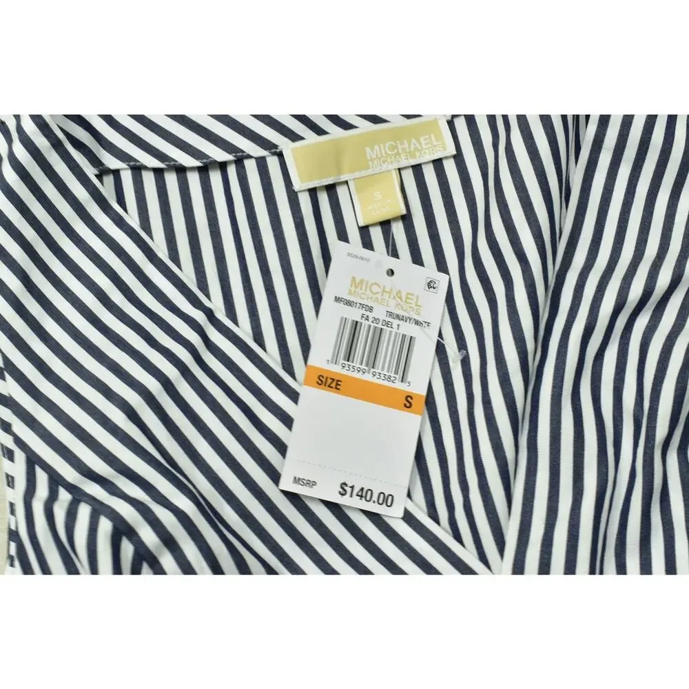 Michael Kors Women's Striped Wrap Dress Regular Size S V Neck Midi Cotton NEW